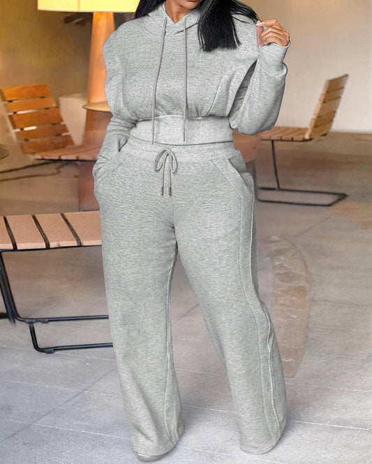 2-teiliges Outfit, langärmliges, kurzes Kapuzenpullover-Sweatshirt mit Kordelzug, Bündchen mit Daumenlöchern und lässigem Jogginghosen-Set mit Kordelzug und elastischer Taille mit weitem Bein 
