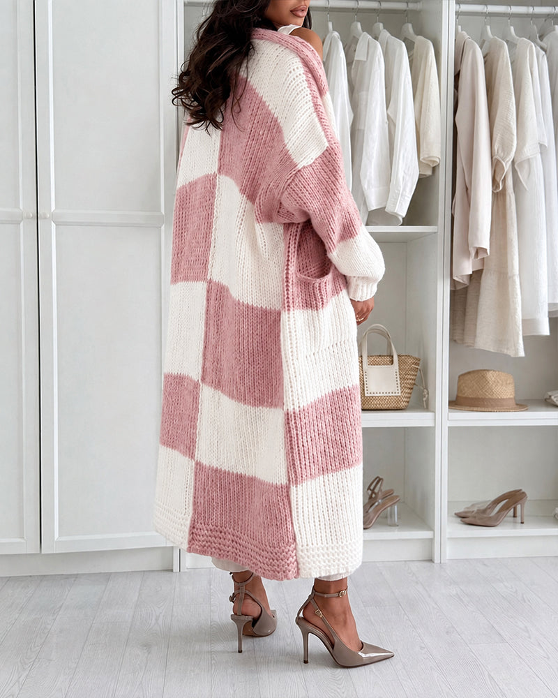 Women's Checkerboard Knit Cardigan Oversized Long Chunky Sweater Loose Lantern Sleeve Coat with Pockets