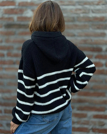 Women's Striped Henley Drawstring Hooded Sweater Loose Fit Lantern Sleeve Knit Pullover