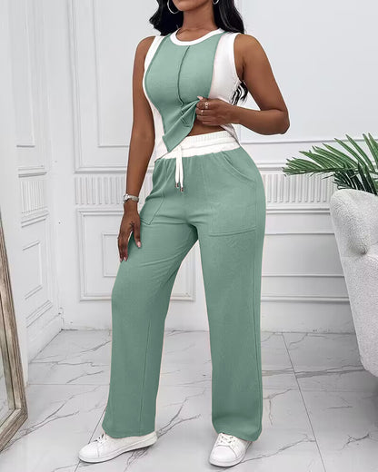 2 Pieces Outfit O-neck Slim Fit Tank Top and Drawstring Elastic Waist Straight Leg Pants Set Casual Colorblock Ribbed Set