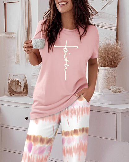 2 Pieces Outfit Letter Print Round Neck Short Sleeve Top And Tie Dye Print Elastic Waist Loose Fit Pants Set Casual Pajamas Set