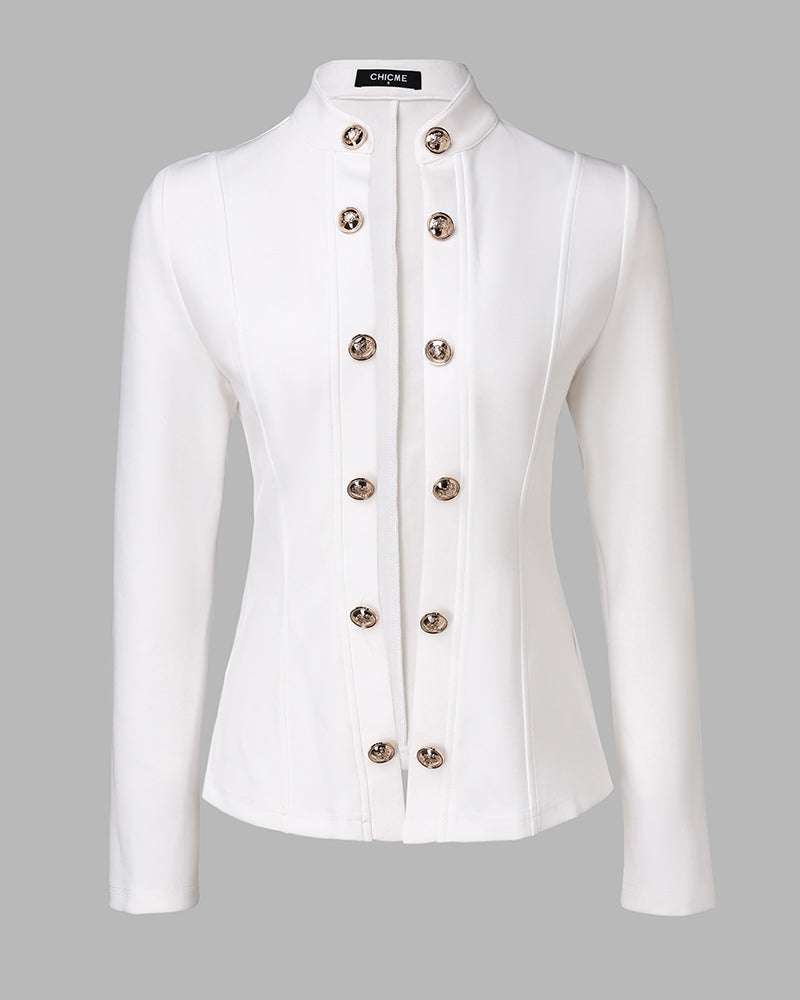 Stand Collar Long Sleeve Blazer Metal Button Front Work Office Jackets Coat