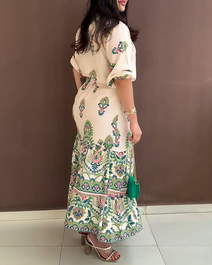 2 Pieces Outfit Tribal Print Short Sleeve Top and Casual Ruffles Hem Skirt Set