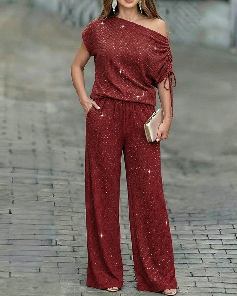 Conjunto elegante de descanso de 2 piezas con pedrería para mujer, top de escote asimétrico y pantalón de pierna ancha, atuendo para ir al trabajo con bolsillos