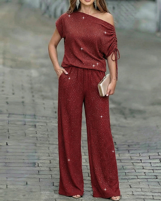 Zweiteiliger Damen-Lounge-Anzug mit Strasssteinen, Oberteil mit schrägem Ausschnitt und Hose mit weitem Bein, elegantes Pendler-Outfit mit Taschen