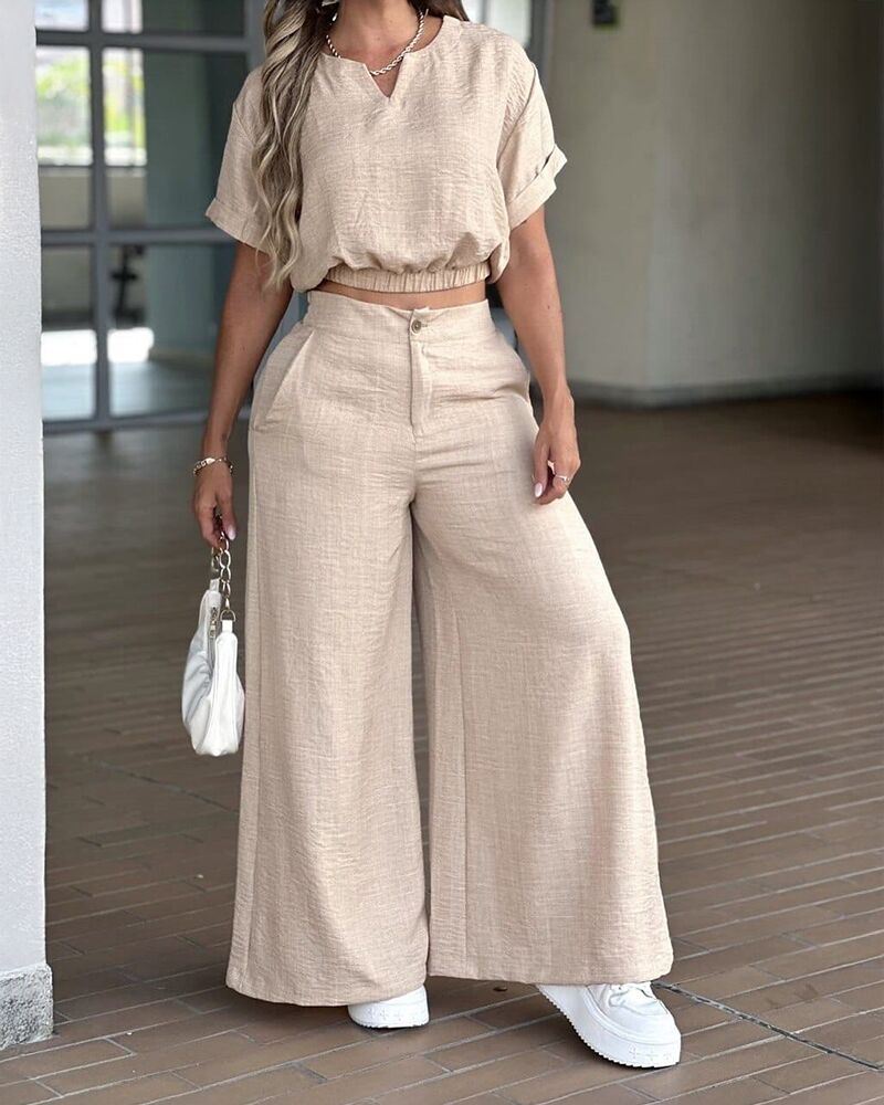 2 Pieces Outfit Notch Neck Turn-Up Cuffs Hollow-out Back Stretchy Hem Crop Top and Casual Zipper Fly Elastic Back Waist Wide Leg Pants Set