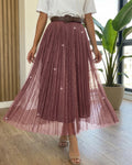 Women's High Waisted Pleated Midi Skirt Rhinestone Embellished A-Line Skirt Sparkling Elastic Waist Party Skirt