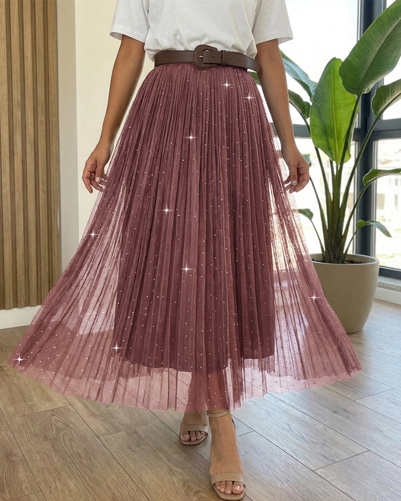 Women's High Waisted Pleated Midi Skirt Rhinestone Embellished A-Line Skirt Sparkling Elastic Waist Party Skirt