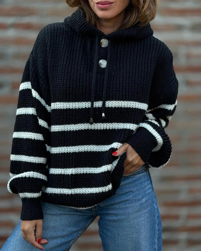 Women's Striped Henley Drawstring Hooded Sweater Loose Fit Lantern Sleeve Knit Pullover