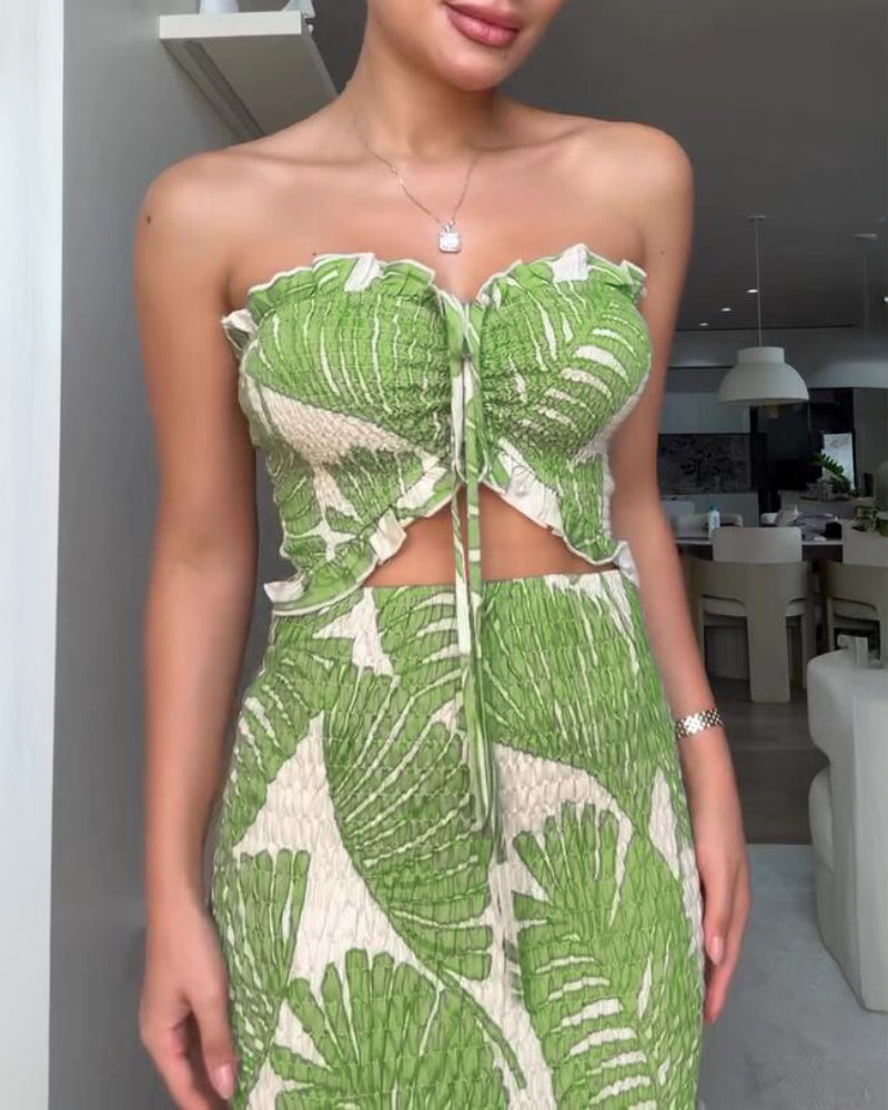 Tropical Print Halter Tie Shirred Frill Trim Cinched Waist Vacation Dress Ruched Cutout Front Slim Fit Ruffle Hem Mermaid Dress