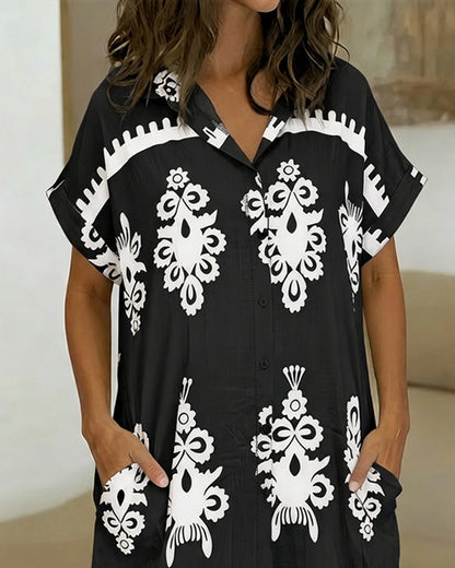 Vintage Baroque Placement Print Turn-down Collar Rolled Cuffs Button Down Shirt Dress Casual Curved Hem Vacation Dress with Pockets