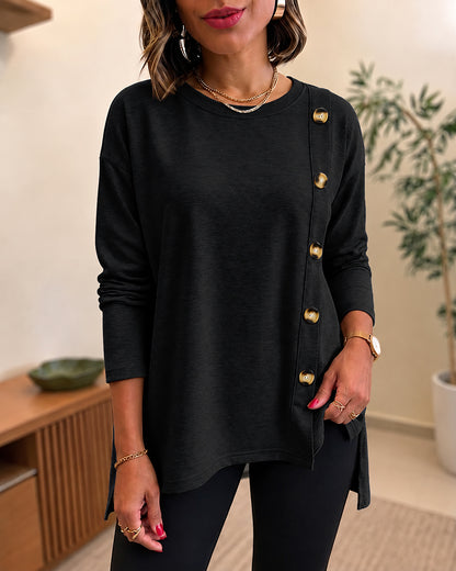 Women's Side Button Detail High-Low Split Hem Loose Tee Drop Shoulder Casual Top