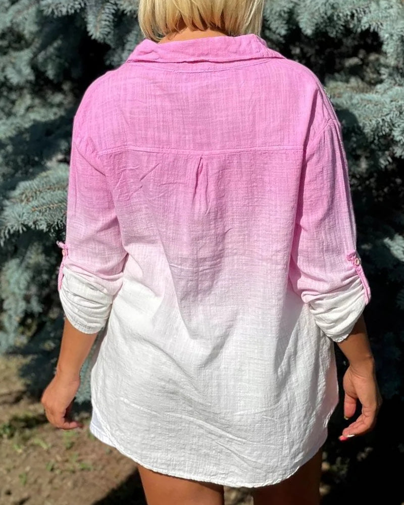 Ombre Turn-down Collar Roll Up Sleeve Half Button Front Shirt Casual Pocket Design Loose Fit Top