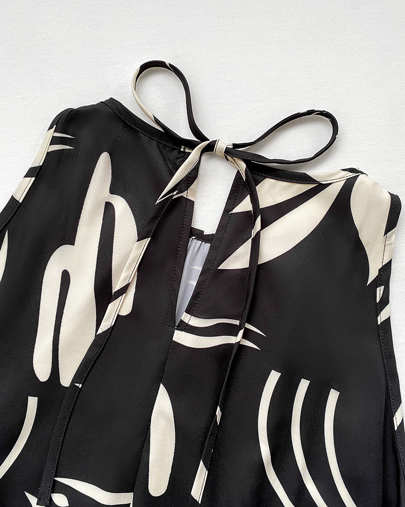 Plants Print Sleevless Hollow-out Back Tied Detail Maxi Dress Casual Ruffle Hem Vacation Dress without Belt