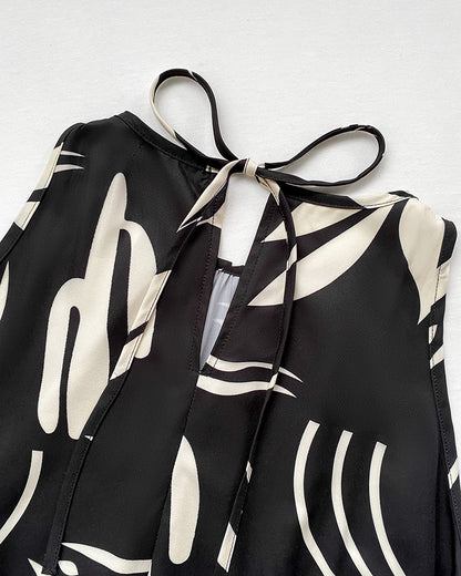 Plants Print Sleevless Hollow-out Back Tied Detail Maxi Dress Casual Ruffle Hem Vacation Dress without Belt