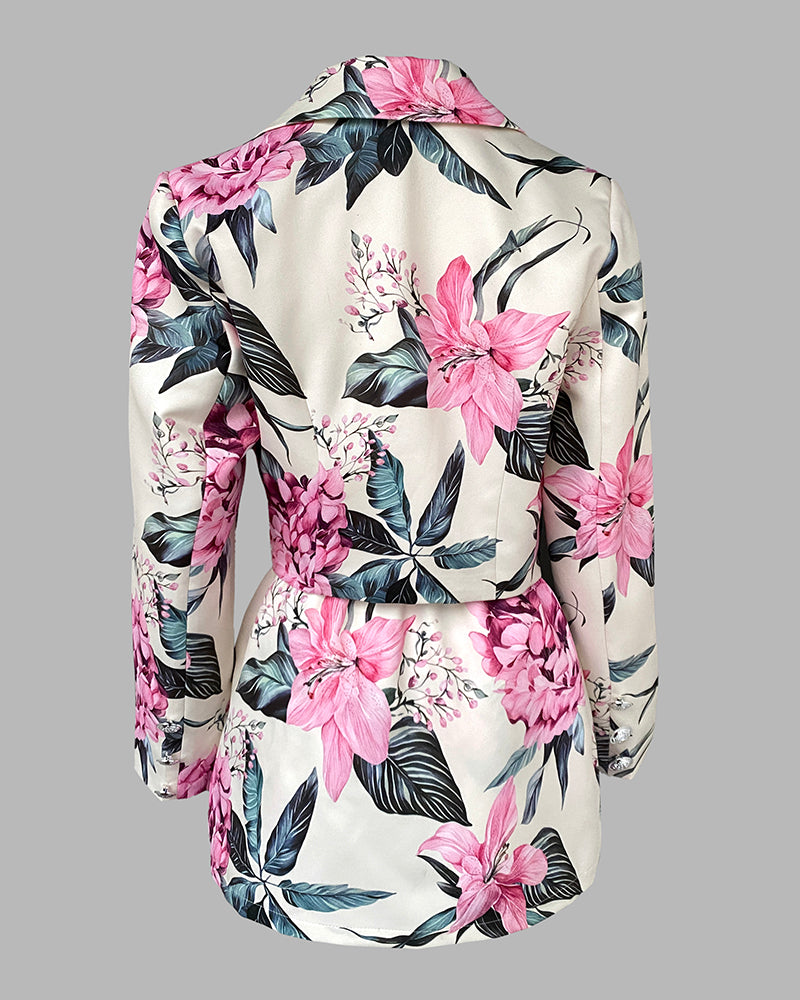 2 Pieces Outfit Notched Collar Double Breasted Crop Blazer and Elastic Back Waist Side Zipper Asymmetrical Hem Skort Set Casual Floral Print Commuting Set