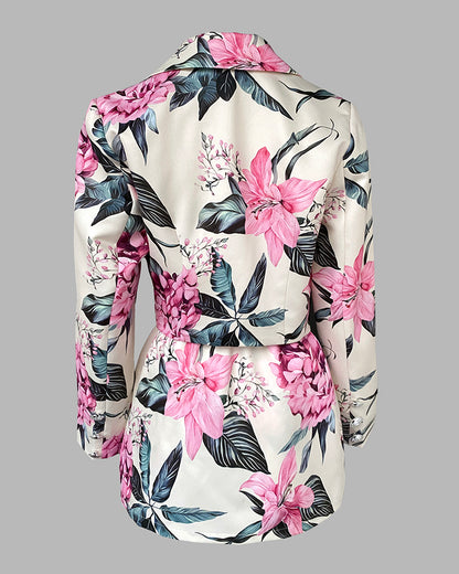 2 Pieces Outfit Notched Collar Double Breasted Crop Blazer and Elastic Back Waist Side Zipper Asymmetrical Hem Skort Set Casual Floral Print Commuting Set