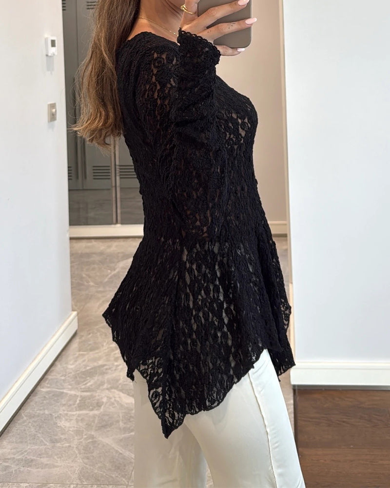 Lace Trim V Neck Button Front Blouse Elegant Asymmetrical Ruffle Hem Top