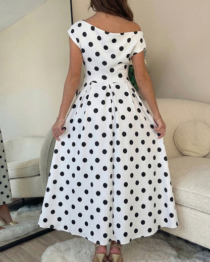 Women's Skew Neck Polka Dot Maxi Dress Ruched A-Line Swing Dress Elegant Party Cocktail Dress with Pockets