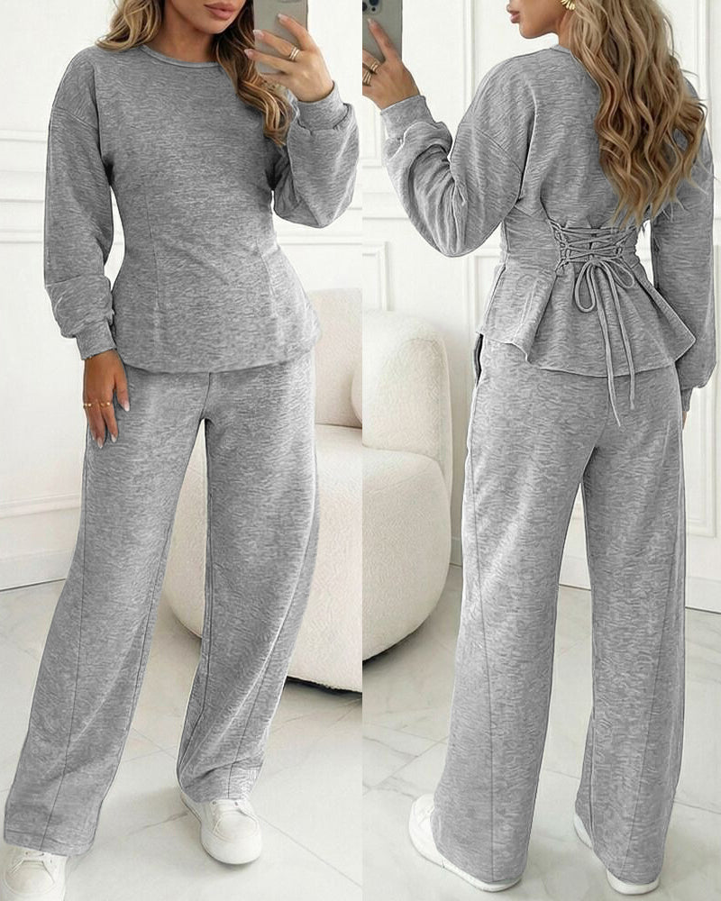 Women's 2 Piece Sweatsuit Set Long Sleeve Back Lace Up Pullover and High Waist Wide Leg Pants Lounge Tracksuit with Pockets
