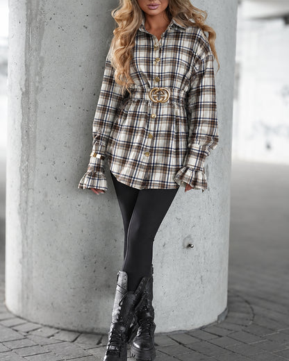 Women's Vintage Plaid Flared Ruffle Cuff Mid-Length Shirt with Elastic Belt