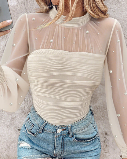 Pearls Decor High Neck Sheer Mesh Spliced Ruched Tee Hollow-out Back Slim Fit Textured Top