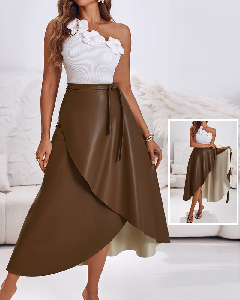 PU Leather Wrap Lace-Up Casual Mid-Length Skirt Work Skirt