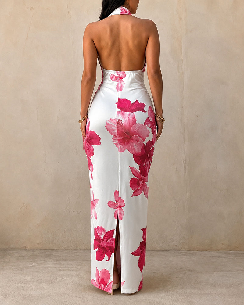 Women's Tropical Floral Halter Maxi Dress Deep V Neck Backless Ruched Wrap Draped Party Dress Elegant Slit Evening Gown