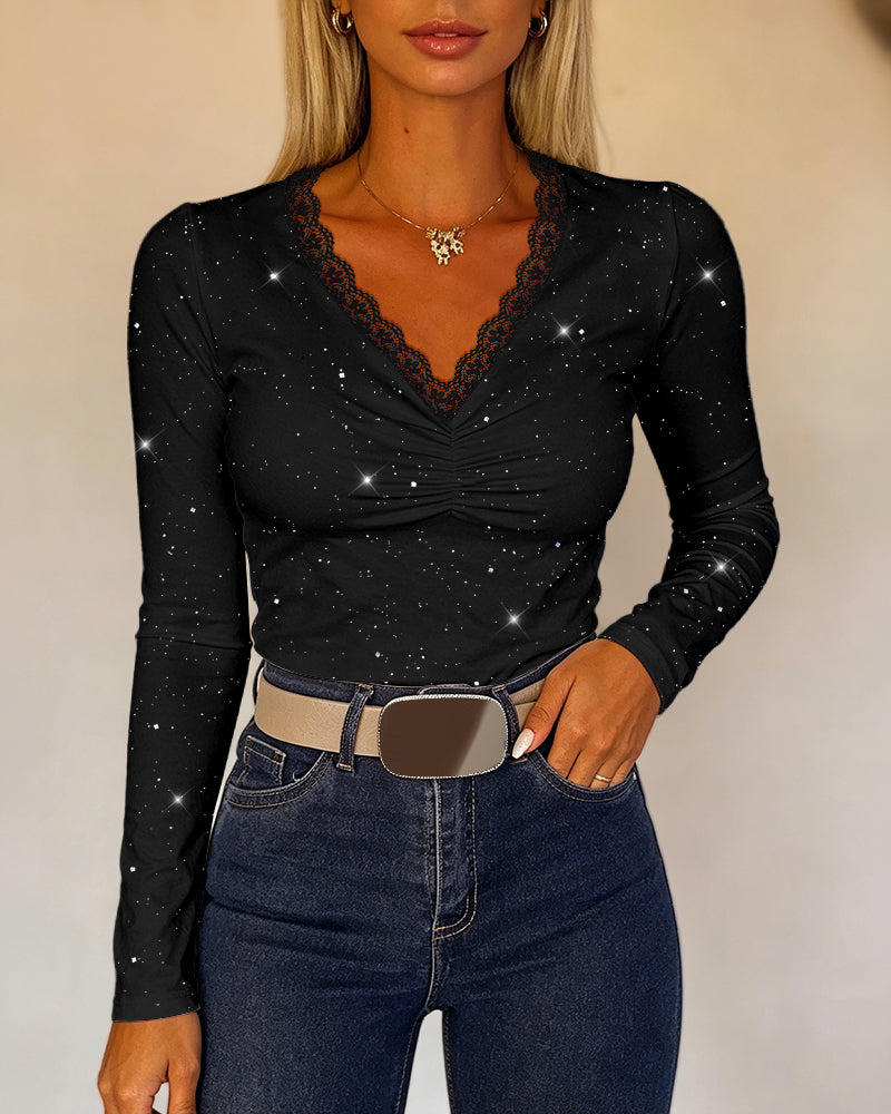Women's Sparkle Glitter V Neck Long Sleeve Top Ruched Lace Trim Tee