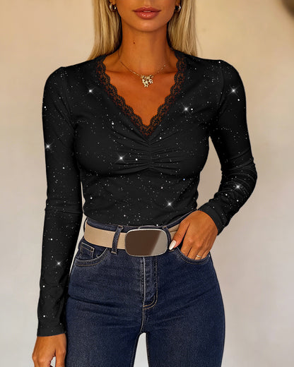 Women's Sparkle Glitter V Neck Long Sleeve Top Ruched Lace Trim Tee