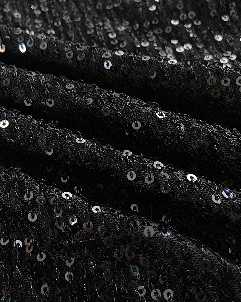 Allover Sequin Overlap Deep V-Neck Puff Sleeve High Slit Evening Dress Twist Front Cinched Waist Party Dress