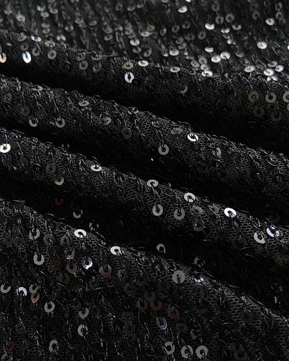 Allover Sequin Overlap Deep V-Neck Puff Sleeve High Slit Evening Dress Twist Front Cinched Waist Party Dress