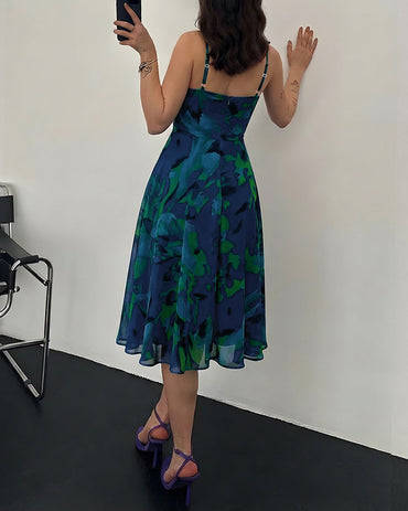 Vintage Print Cowl Neck Adjustable Spaghetti Straps A Line Dress Elegant Cinched Waist Zipper Back Party Dress