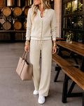 Women's 2 Piece Cable Knit Tracksuit Baseball Collar Crop Coat and High Waist Pants Set