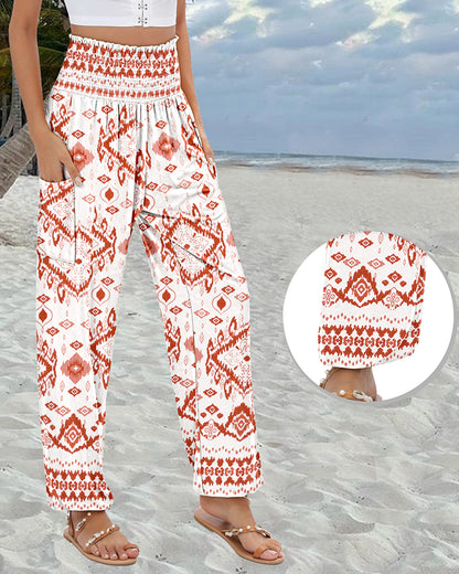 Tribal Print Shirred High Waist Cinched Hem Long Pants Vacation Pants with Pocket