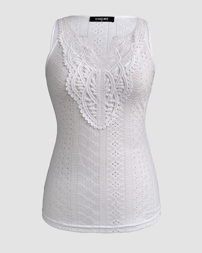 Contrast Lace V Neck Jacquard Knit Tank Casual Hollow Out Skinny Sleeveless Top