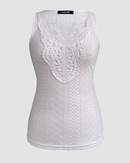 Contrast Lace V Neck Jacquard Knit Tank Casual Hollow Out Skinny Sleeveless Top