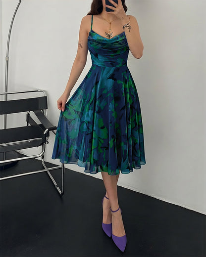 Vintage Print Cowl Neck Adjustable Spaghetti Straps A Line Dress Elegant Cinched Waist Zipper Back Party Dress