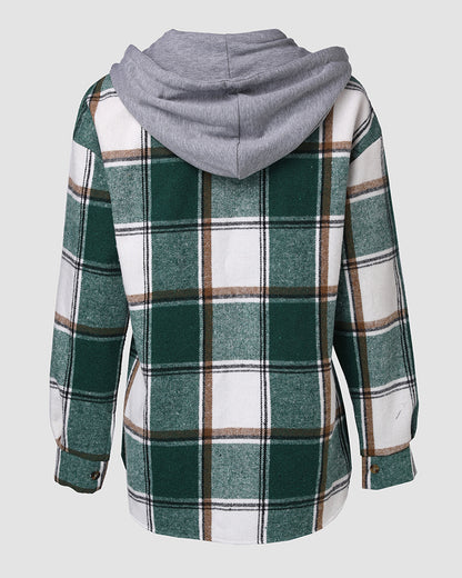 Plaid Pattern Long Sleeve Shacket Button Down Fleece Lined Hooded Jackets Warm Coat