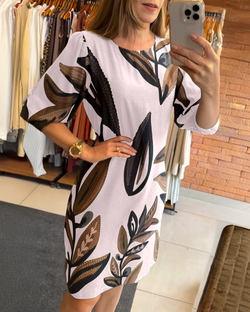 Plants Print Round Neck Half Sleeve Midi Dress