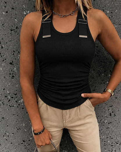 Women's Ribbed Knit Tank Top Adjustable Buckle Strap Side Ruched Knit Top Curved Hem Slim Fit Vest