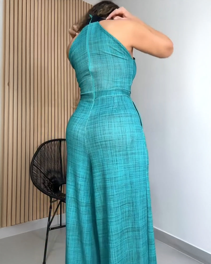 Colorblock Mock Neck Sleeveless Cinched Waist Zipper Back Overalls Casual High Waist Wide Leg Jumpsuit