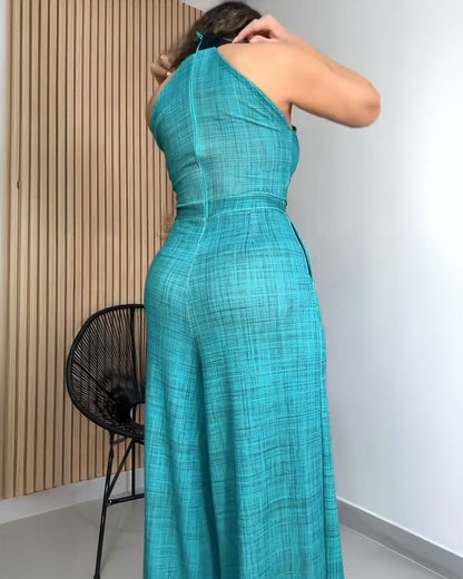 Colorblock Mock Neck Sleeveless Cinched Waist Zipper Back Overalls Casual High Waist Wide Leg Jumpsuit