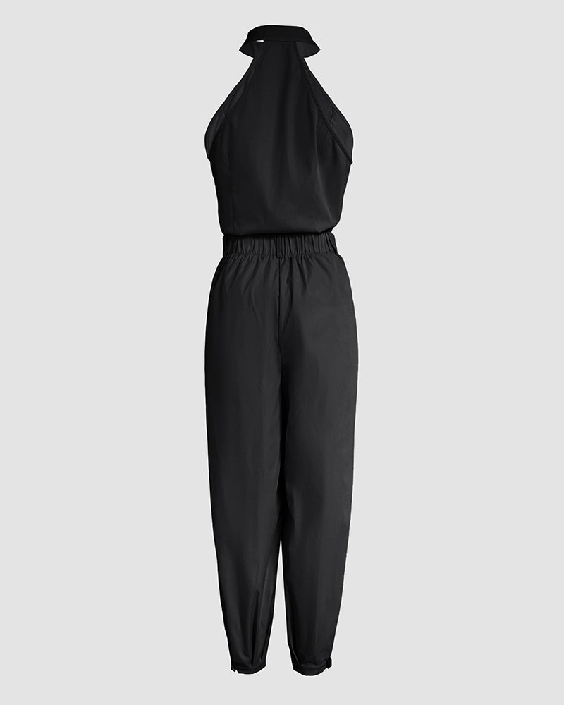 2 Pieces Outfits Sleeveless High Neck Cargo Pockets Design Top And Casual Cuffed Long Pants Set