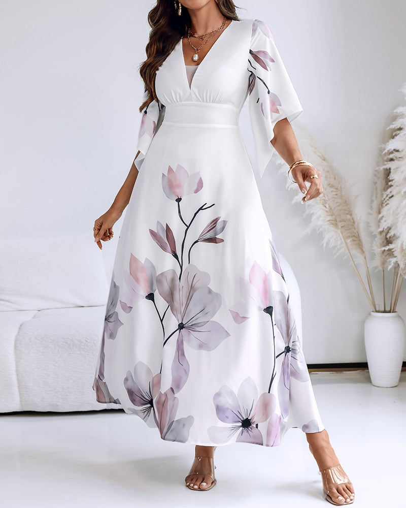 Floral Placement Print Deep V Neck Bell Sleeve Vacation Dress Casual Zipper Back Cinched Waist Maxi Dress With Lining