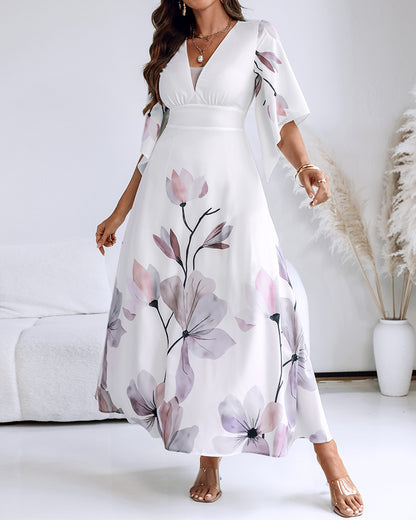 Floral Placement Print Deep V Neck Bell Sleeve Vacation Dress Casual Zipper Back Cinched Waist Maxi Dress With Lining