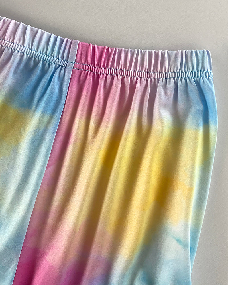 2 Pieces Outfit Tie Dye Print Short Sleeve Top and Elastic Waist Loose Fit Pants Set Casual Pajamas Set