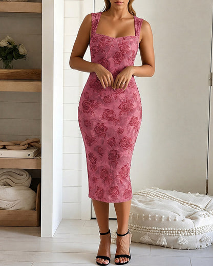 Women's Vintage Floral Print Midi Dress Square Neck Thick Strap Bodycon Dress Elegant Velvet Party Dress