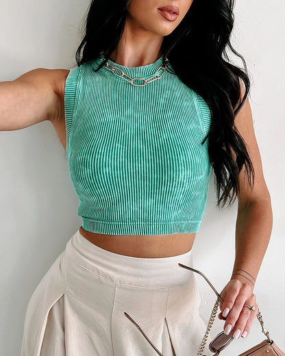 2-Pack Women's Washed Knit Tank Top Ribbed Sleeveless O-neck Cropped Tee Retro Casual Layering Top
