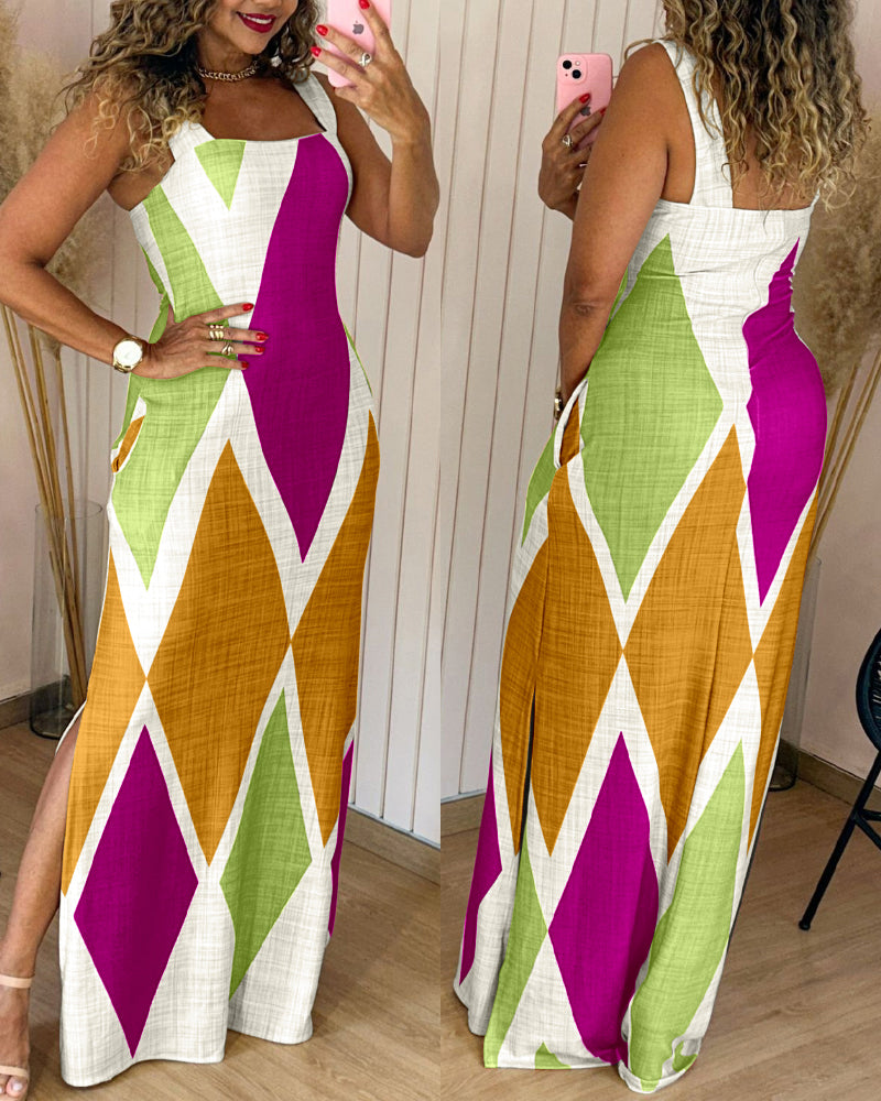 Geometric Print Square Neck Thick Strap Vacation Dress Casual Slim Fit Slit Maxi Dress